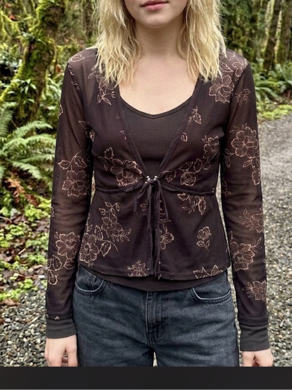 Vtg New York & Company y2k Brown Floral Tie-Front Button-Down mesh cardigan sz S